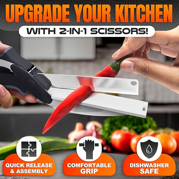 Clever Cutter multifunctional kitchen tool by Tarjah Mart, showing a 2-in-1 scissors and chopping device in use