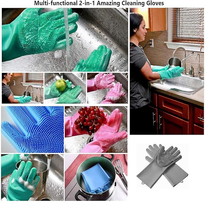 Pair of Tarjah Mart silicon scrubber dishwashing gloves for kitchen cleaning, blue and yellow, with textured surfaces for scrubbing.