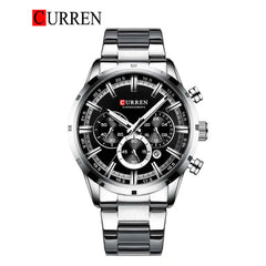 Close-up of Curren 8355 men's stainless steel watch with black dial and silver band, showing the watch face and sleek design.