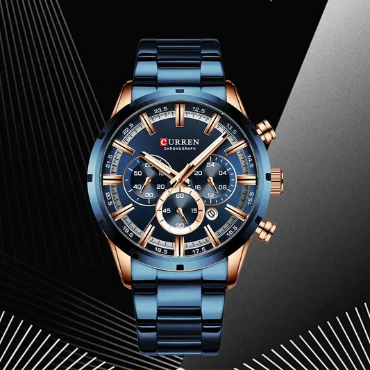 Men's stainless steel Curren 8355 watch with round dial, silver-tone band, and black face featuring chronograph subdials.