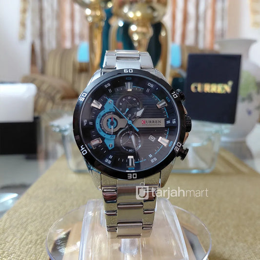 Curren 8402 men's stainless steel watch with silver and black finish, featuring a sleek dial and durable strap.