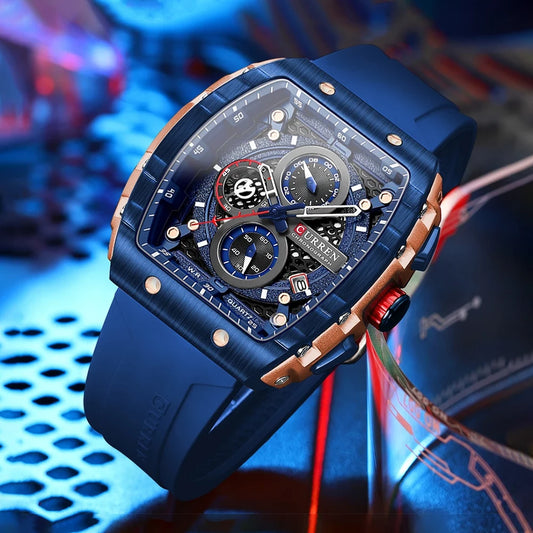 Curren 8442 men's watch with a blue dial and silver case, featuring a sleek design and adjustable strap.