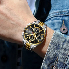 Curren 8475 men's chronograph watch with black dial, silver case, and black strap, displaying multiple subdials and chronograph features.