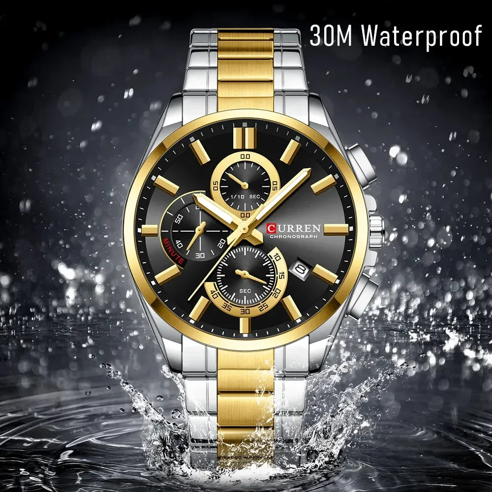 Curren 8475 men's chronograph watch with black dial, silver stainless steel band, and multiple subdials for timekeeping.