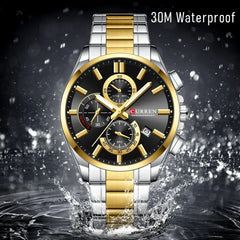 Curren 8475 men's chronograph watch with black dial, silver stainless steel band, and multiple subdials for timekeeping.