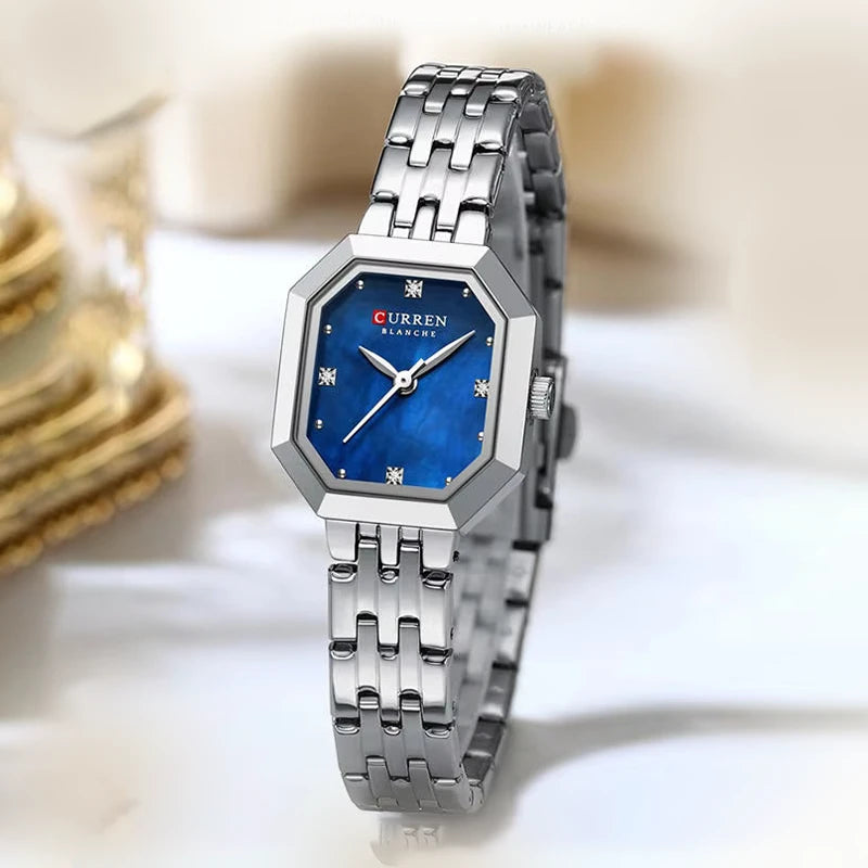 Silver and blue Curren 9108 women's fashion square stainless steel band watch, close-up view of the stylish timepiece.