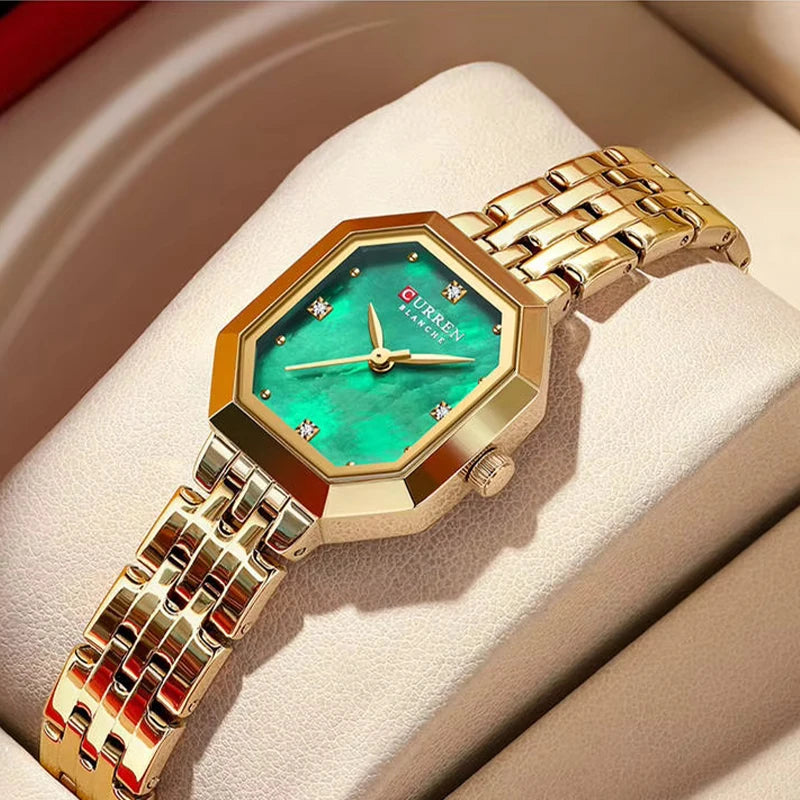 Green Curren 9108 women's square stainless steel band watch, stylish fashion ladies' wristwatch with a modern design.