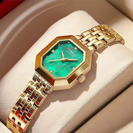 Green Curren 9108 women's square stainless steel band watch, stylish fashion ladies' wristwatch with a modern design.