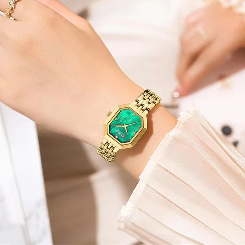 Green Curren 9108 women's fashion stainless steel square watch with a sleek design and metallic band.
