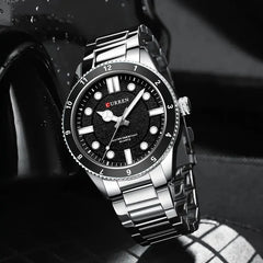 Men's Curren 8450 stainless steel watch with black dial and silver band, showcasing a sleek and modern timepiece design.