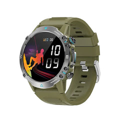 Colmi M42 smartwatch with 1.43-inch AMOLED display in olive color, showing time and fitness tracking features.