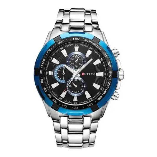 Curren 8023 men's quartz watch with a silver band and blue dial, showcasing a sleek, modern design for men's fashion accessories.
