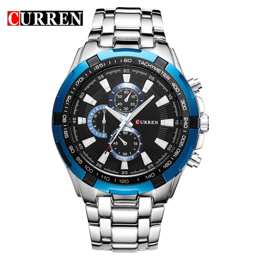 Men's Curren CURREN 8023 quartz watch with black dial, silver case, and waterproof design, showcasing a classic style.