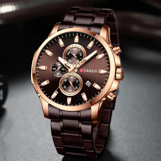 Men's Curren 8348 chronograph watch with black dial, silver case, and leather strap, showcasing detailed watch face and chronograph features.
