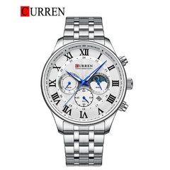 Close-up of Curren 8427 men's chronograph watch showing black dial, silver case, and multiple subdials on a men's wrist.