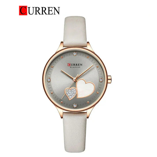 Women’s leather strap watch by Curren, model 9077, featuring a stylish round dial and elegant design.