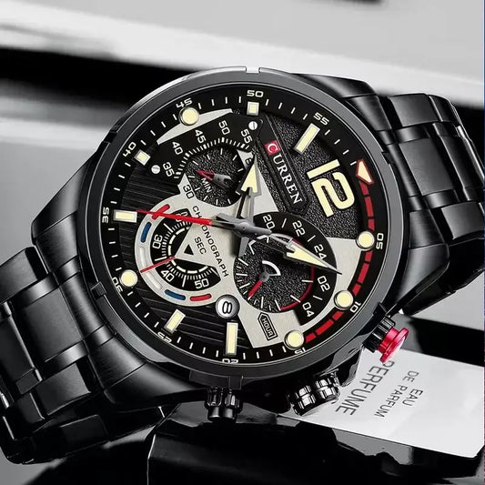 Black men's stainless steel watch by Curren, featuring a sleek design and analog display on a black dial with silver accents.