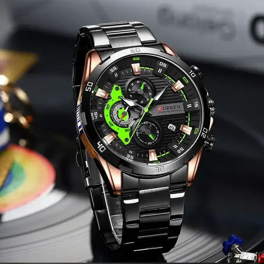 Men's black stainless steel Curren 8402 watch with round dial and metal bracelet, stylish and durable men's wristwatch.