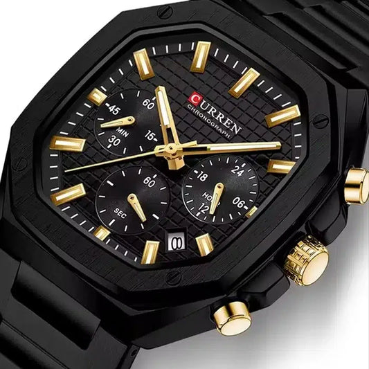 Curren 8459 men's chronograph watch with black dial, silver case, and metal strap, featuring multiple subdials and modern design