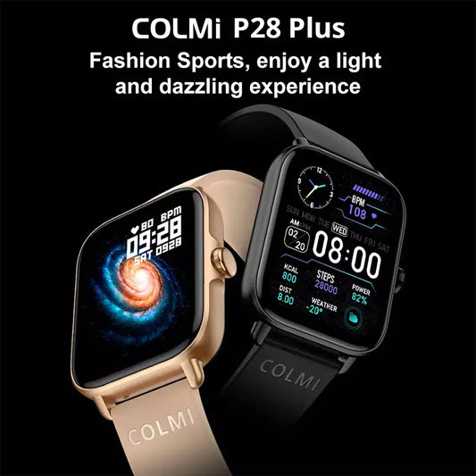 Tarjah Mart COLMI P28 Plus waterproof smart watch displaying digital time and fitness tracking features in a sleek design.