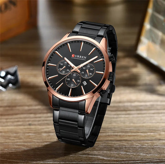 Curren 8435 men's chronograph watch with black dial, stainless steel case, and multiple subdials showing time and stopwatch features.