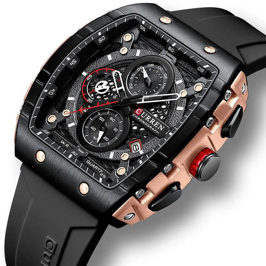 Black Curren 8442 men's watch with round dial and silver accents, featuring a sleek stainless steel band and minimalist design.
