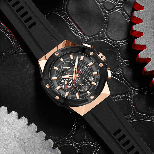 Black rubber strap men's watch by Curren, model 8462, featuring a sleek round dial and durable design.