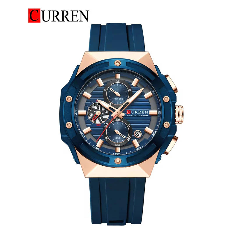 Curren 8462 men's watch with blue rubber strap, round dial, and silver case, showcasing a modern and sporty design.