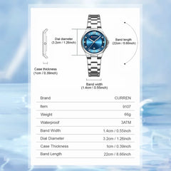 Curren 9107 women's quartz luxury stainless steel watch with white dial and band, stylish fashion accessory for ladies.
