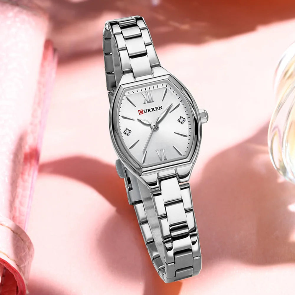 Curren 9112 luxury women's quartz stainless steel watch with silver and white dial, sleek and elegant design