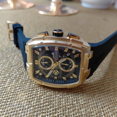 Men's Curren 8488 multifunctional watch with black silicon strap and round dial, featuring multiple time display options.