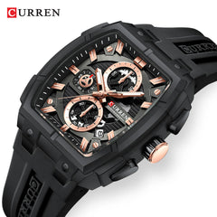 Curren 8488 men's multifunctional silicone strap watch with a round dial and detailed features on a black background.