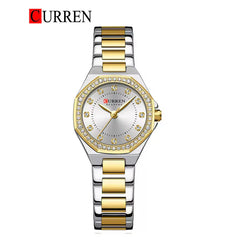 Curren 9100 women's stainless steel watch featuring a sleek silver band and round dial with minimalist design.