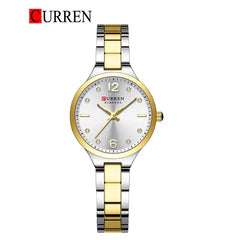 Women's Curren 9105 stainless steel watch with a sleek round dial and silver strap, showcasing elegant wristwear for women.