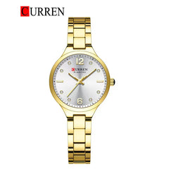 Women's Curren 9105 stainless steel watch with a sleek black dial and silver-tone band, stylish accessory for women.