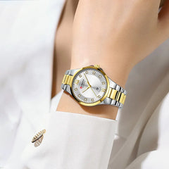 Curren 9107 luxury women's quartz watch with a white dial and stainless steel band, showcasing elegant fashion design.