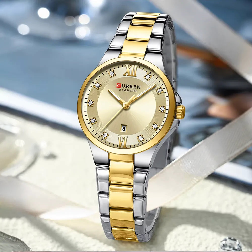 Curren 9107 women's luxury quartz watch with white dial and stainless steel band, stylish fashion accessory for ladies.