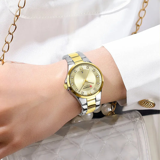 Elegant Curren 9107 women's quartz luxury stainless steel watch with white dial and band, showcasing a sleek fashion design.