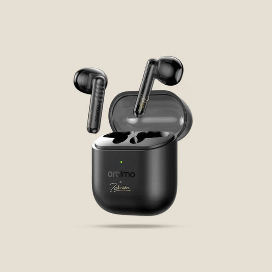 oraimo FreePods Neo x Tahsan true wireless earbuds with sleek design and compact charging case, ideal for music on the go