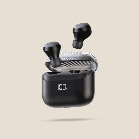 Oraimo AirBuds 4 ENC true wireless earbuds with sleek design and charging case, showcasing their compact, modern look.