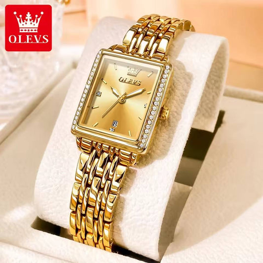 Golden OLEVS 9995 elegant quartz ladies watch with a gold-tone strap and face, showcasing a sophisticated women’s wristwatch.