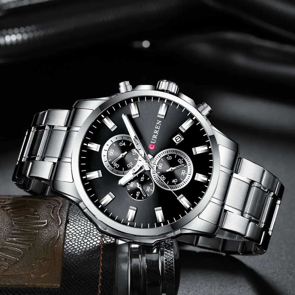 Curren 8348 men's chronograph watch with black dial, silver-tone case, and multiple subdials, stylish men's wristwatch.