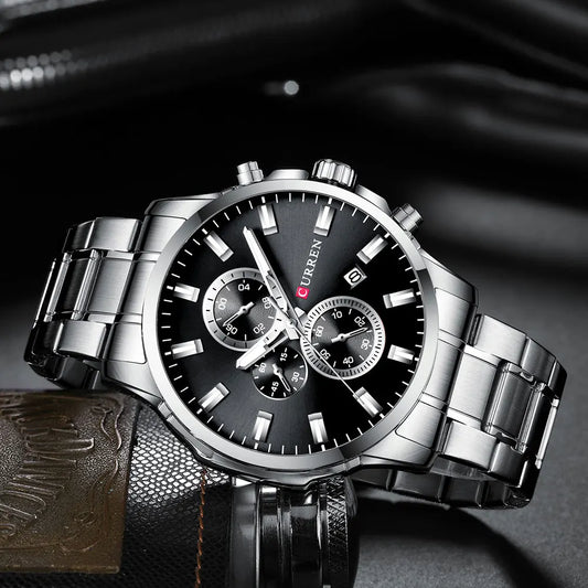 Curren 8348 men's chronograph watch with black dial, silver-tone case, and multiple subdials, stylish men's wristwatch.
