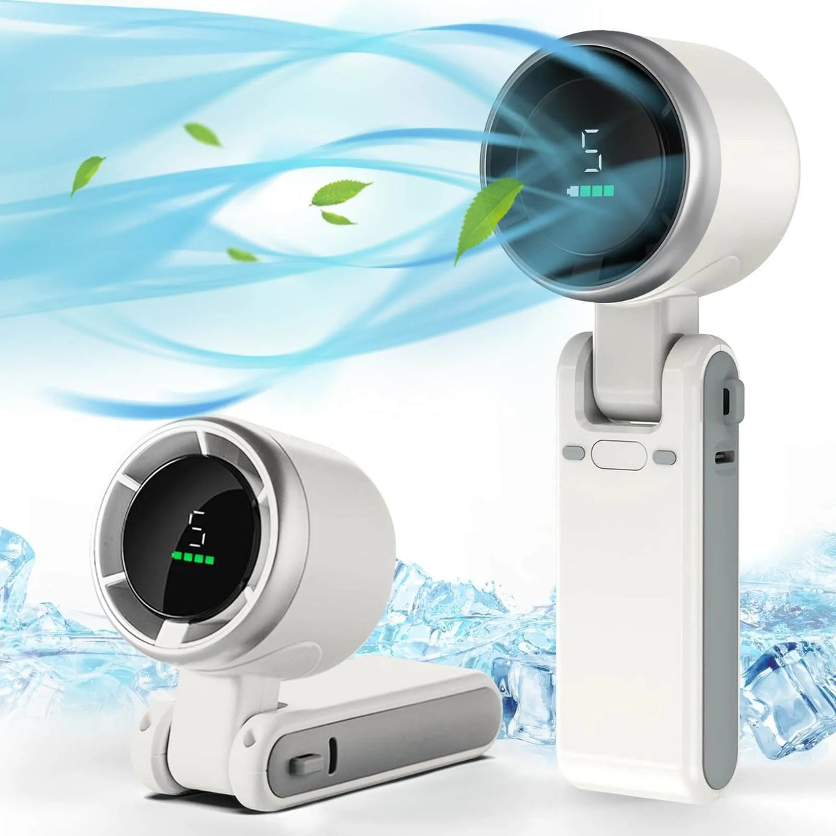 Portable Tarjah Mart turbo fan with digital display, foldable design, USB-C rechargeable, handheld fan for cooling and travel use.
