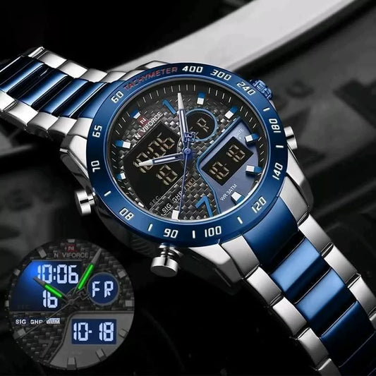 Naviforce men's luxury wrist watch with black dial and stainless steel band, stylish timepiece for men.