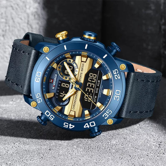 Naviforce men's genuine leather wristwatch in blue with classic design, featuring a round dial and silver-tone details.
