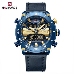 Naviforce men's genuine leather wristwatch in blue with classic design and round dial, model 9235.