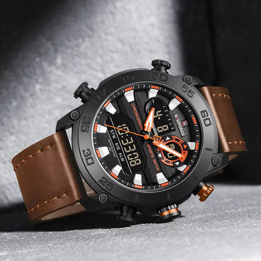 Men's Naviforce 9235 brown genuine leather wristwatch with a classic design and round dial.