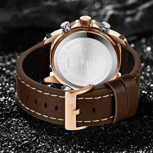 Naviforce luxury men's wrist watch with double display in a coffee-colored dial, featuring a stainless steel strap and chronograph details.