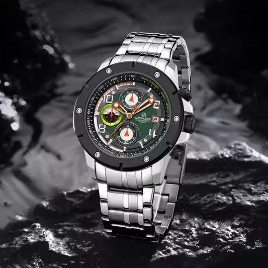 Naviforce NF8056 stylish men's watch with black dial, silver stainless steel band, and modern design.